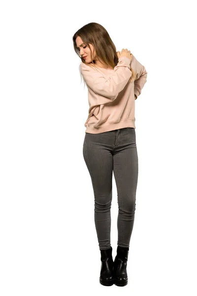 Uma Foto Completa Uma Adolescente Com Suéter Rosa Sofrendo Dor — Fotografia de Stock