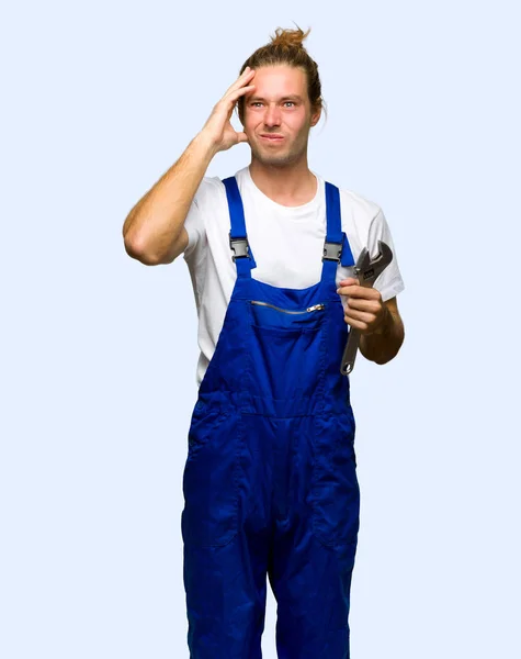 Workman Takes Hands Head Because Has Migraine Isolated Background — Stock Photo, Image