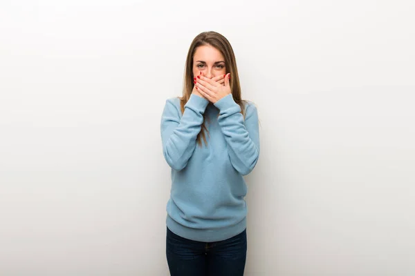 Blonde Woman Isolated White Background Covering Mouth Hands Saying Something — Stock Photo, Image