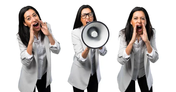 Collage Mujer Bonita Con Gafas Sosteniendo Megáfono —  Fotos de Stock