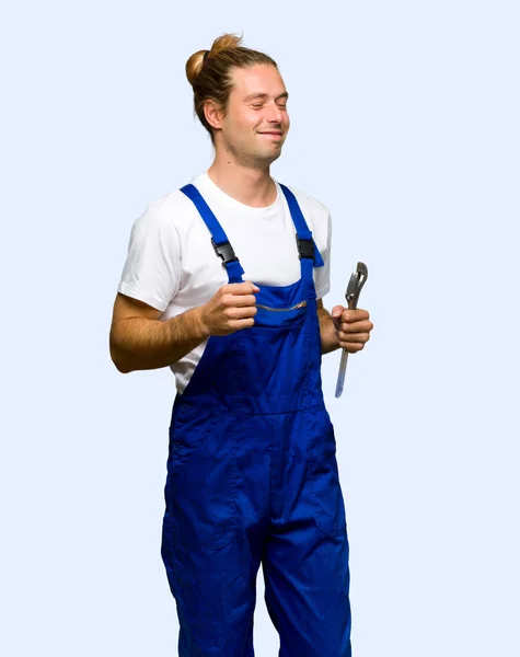 Workman Enjoy Dancing While Listening Music Party Isolated Background — Stock Photo, Image