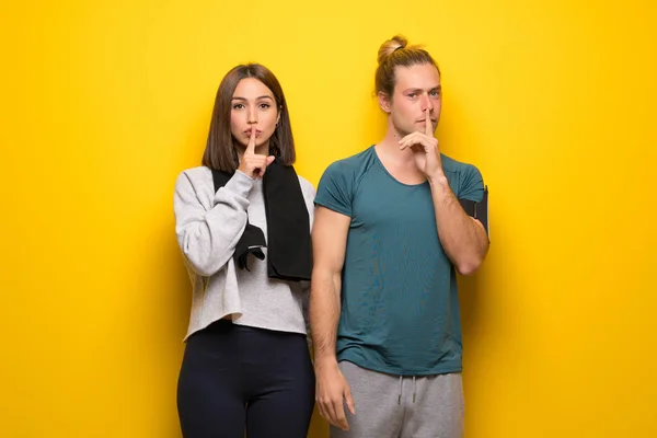 Group Athletes Yellow Background Showing Sign Silence Gesture Putting Finger — Stock Photo, Image