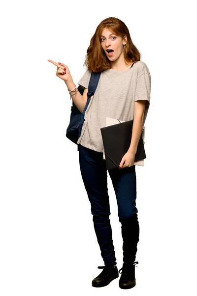 Full Length Shot Young Redhead Student Pointing Finger Side Presenting — Stock Photo, Image