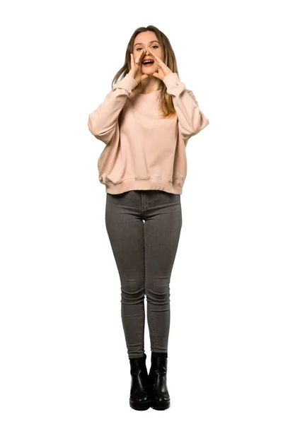 Eine Ganzkörperaufnahme Eines Teenagermädchens Mit Rosa Pullover Das Vor Isoliertem — Stockfoto