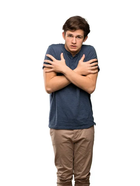 Teenager Mann Friert Über Isolierten Weißen Hintergrund — Stockfoto