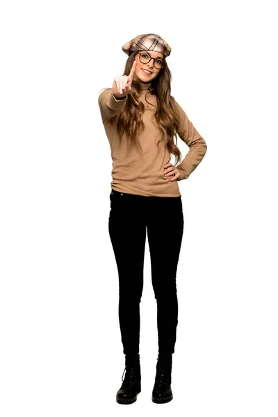 Full Length Shot Young Woman Beret Showing Lifting Finger Isolated — Stock Photo, Image