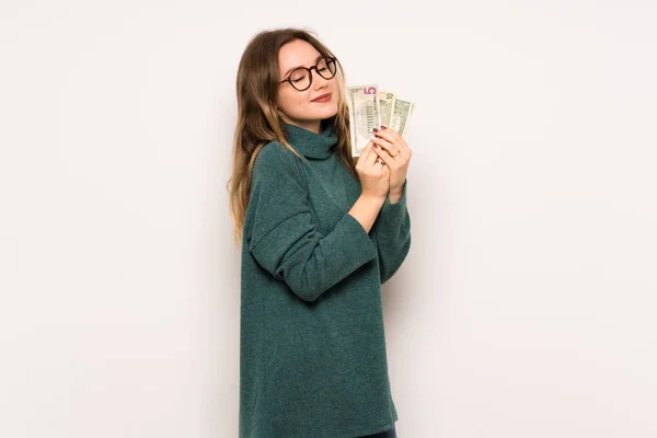 Teenager Girl White Wall Taking Lot Money — Stock Photo, Image