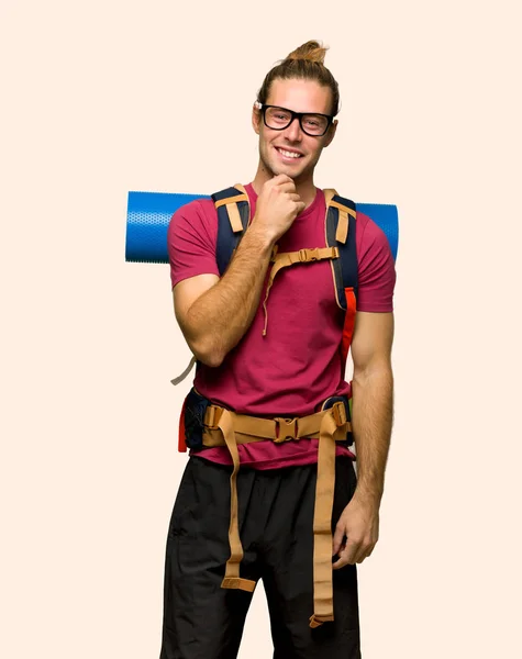 Hiker Man Mountain Backpacker Glasses Smiling Isolated Background — Stock Photo, Image