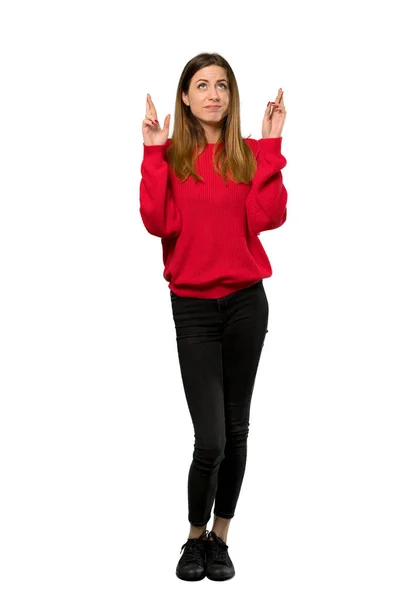 Full Length Shot Young Woman Red Sweater Fingers Crossing Wishing — Stock Photo, Image