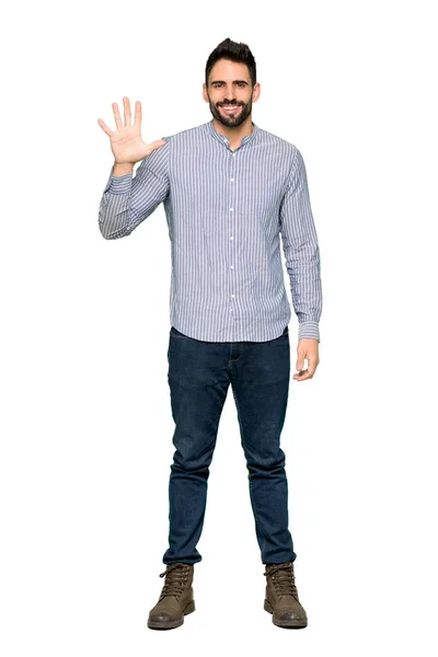 分離を頼りに 本の指でシャツを持つエレガントな男のフルレングス ショット ホワイト バック グラウンド — ストック写真
