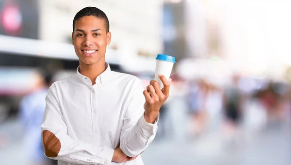 Young African American Man White Shirt Taking Coffee Takeaway Paper — Stock Photo, Image