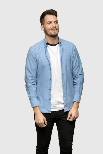 Handsome Man Smiling Grey Background — Stock Photo, Image