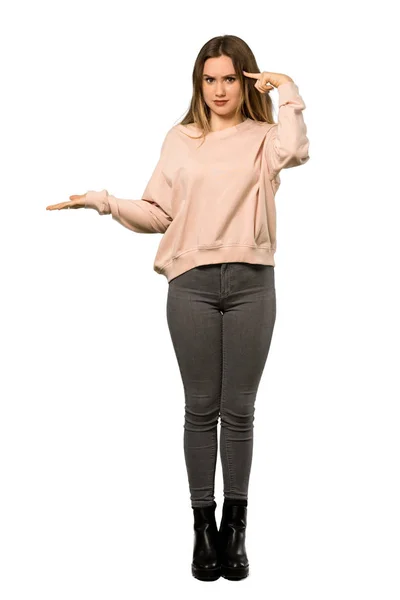 Full Length Shot Teenager Girl Pink Sweater Making Gesture Madness — Stock Photo, Image