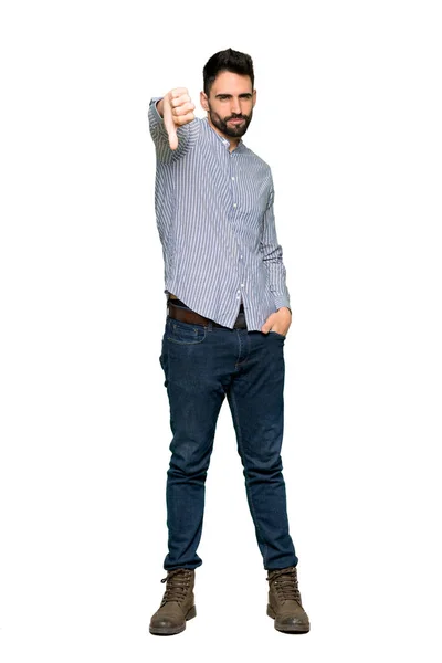 Celovečerní Snímek Elegantní Muž Košile Ukazuje Palec Dolů Cedulka Negativní — Stock fotografie