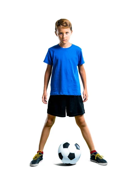 Een Full Length Schot Van Jongen Voetballen Geïsoleerde Witte Achtergrond — Stockfoto