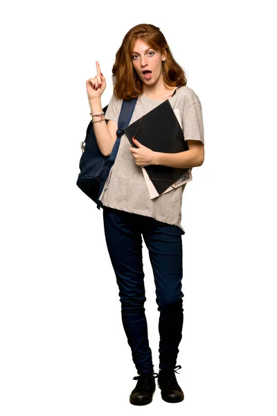 Full Length Shot Young Redhead Student Thinking Idea Pointing Finger — Stock Photo, Image