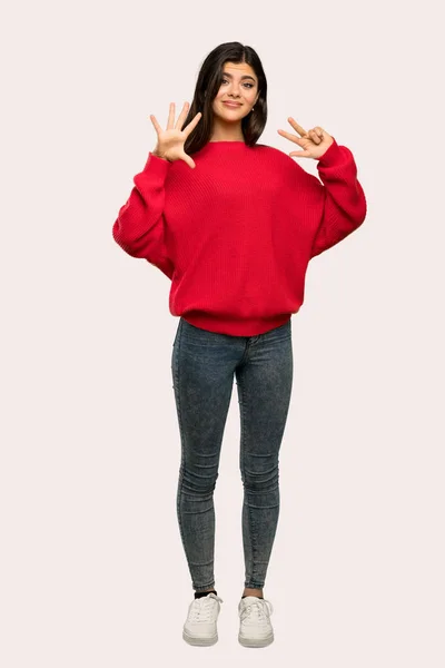 Full Length Shot Teenager Girl Red Sweater Counting Eight Fingers — Stock Photo, Image