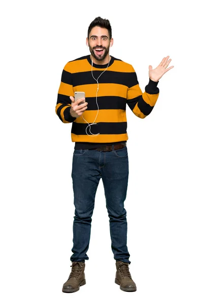 Full Length Shot Handsome Man Striped Sweater Surprised Sending Message — Stock Photo, Image