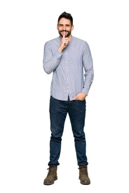 Sessizlik jest iz izole beyaz arka plan üzerinde gösterilen forması ile zarif adamın tam uzunlukta atış