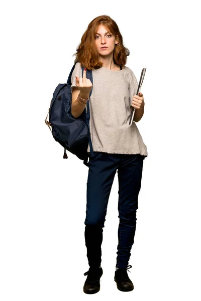 Full Length Shot Young Redhead Student Making Horn Gesture Isolated — Stock Photo, Image