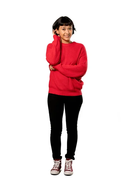 Pełnej Długości Strzał Krótkie Włosy Dziewczyny Czerwony Sweter Wątpliwości Białym — Zdjęcie stockowe