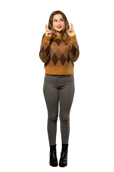 Tiro Comprimento Total Uma Adolescente Com Suéter Marrom Com Dedos — Fotografia de Stock