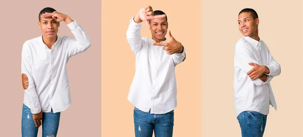 Zestaw Młodego Człowieka African American Białą Koszulę Poszukuje Czegoś — Zdjęcie stockowe