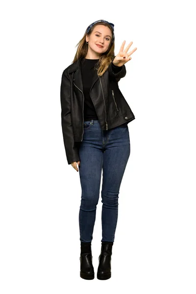 革とティーンエイ ジャーの女の子のフルレングス ショット ジャケット分離の白い背景の上の指と幸せでカウント — ストック写真