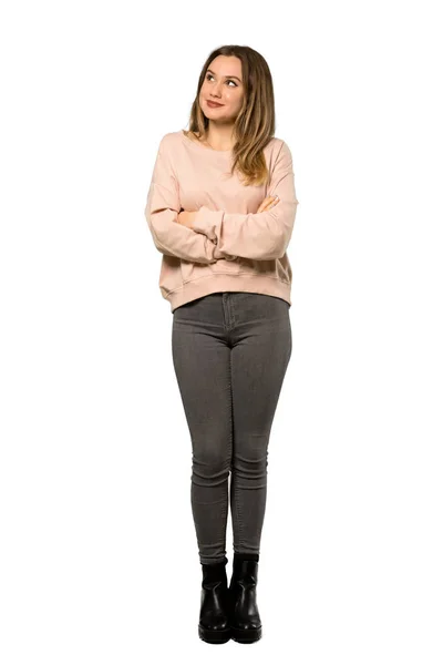 Uma Foto Completa Uma Adolescente Com Suéter Rosa Olhando Para — Fotografia de Stock