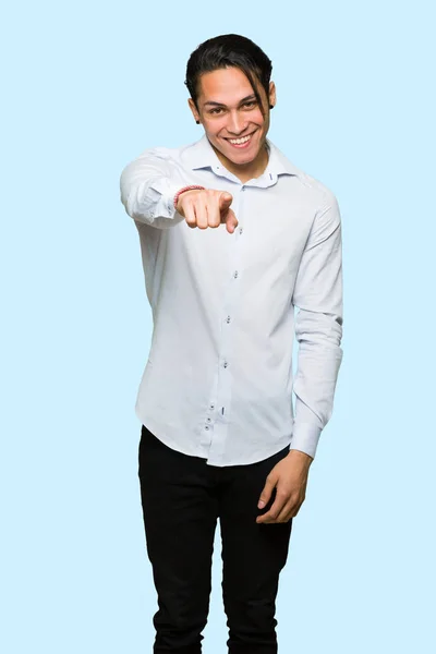 Handsome Man Points Finger You Confident Expression Isolated Blue Background — Stock Photo, Image