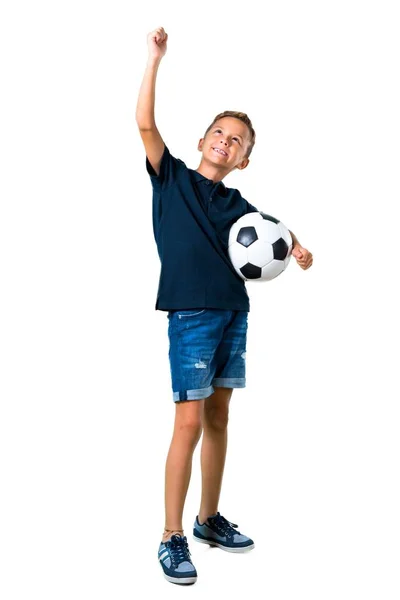 Klein Kind Voetballen Geïsoleerde Witte Achtergrond — Stockfoto