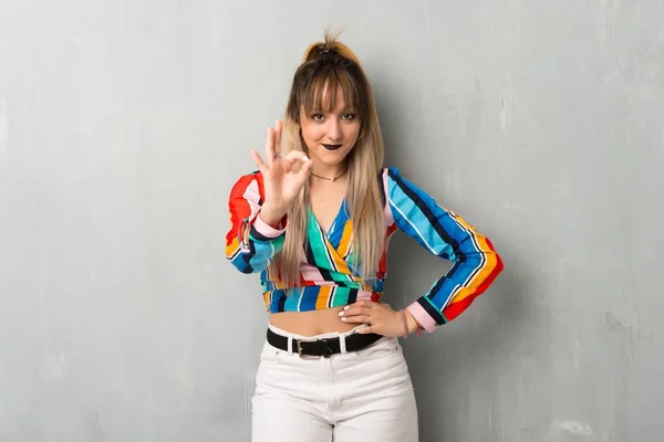 Young Girl Colorful Clothes Showing Sign Fingers — Stock Photo, Image