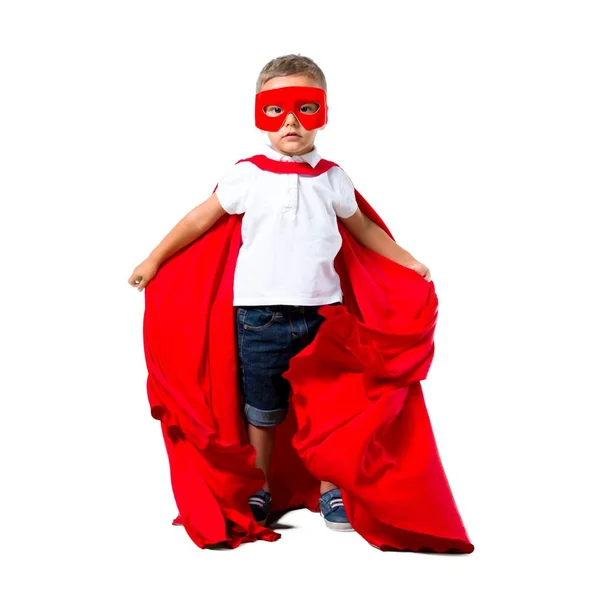 Criança Vestida Como Super Herói Fundo Branco Isolado — Fotografia de Stock