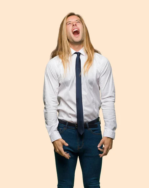 Blond Businessman Long Hair Shouting Front Mouth Wide Open Isolated — Stock Photo, Image