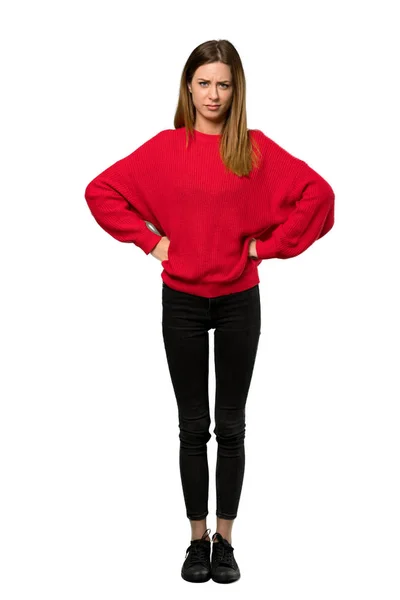 Full Length Shot Young Woman Red Sweater Angry Isolated White — Stock Photo, Image