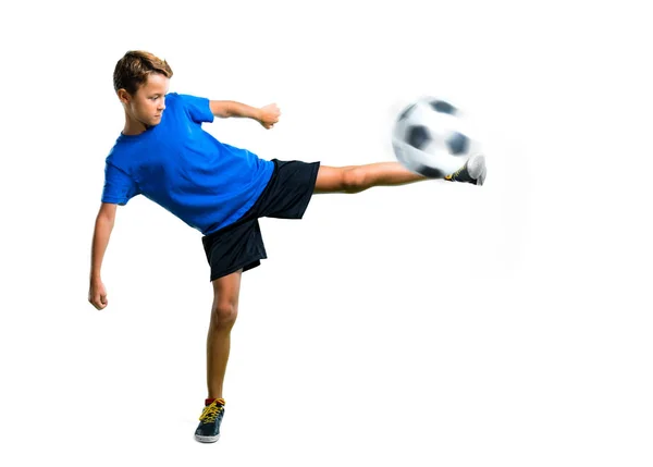 Uma Foto Completa Boy Jogando Futebol Chutando Bola Fundo Branco — Fotografia de Stock