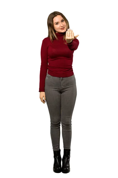 Full Length Shot Teenager Girl Turtleneck Inviting Come Hand Happy — Stock Photo, Image