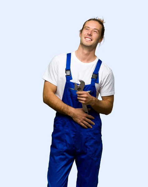 Workman Gelukkig Lachende Geïsoleerde Achtergrond — Stockfoto