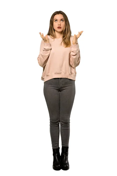 Uma Foto Completa Uma Adolescente Com Suéter Rosa Frustrada Por — Fotografia de Stock