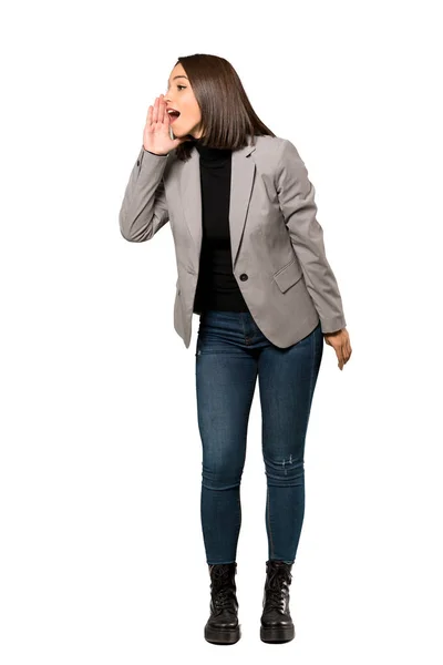 Full Length Shot Young Business Woman Shouting Mouth Wide Open — Stock Photo, Image