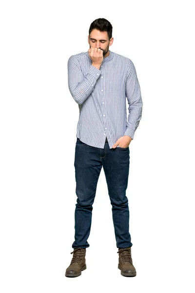 孤立した白い背景に疑問を持つシャツでエレガントな男のフルレングスのショット — ストック写真