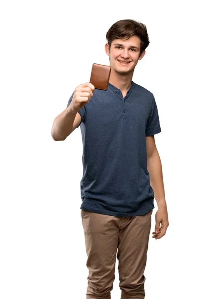 Adolescent Homme Tenant Portefeuille Sur Fond Blanc Isolé — Photo