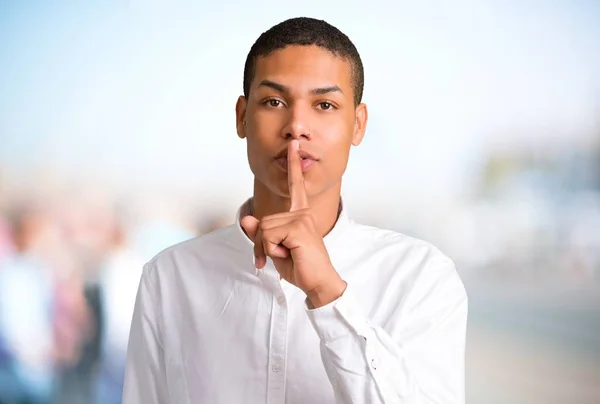 Young African American Man Showing Sign Closing Mouth Silence Gesture — Stock Photo, Image