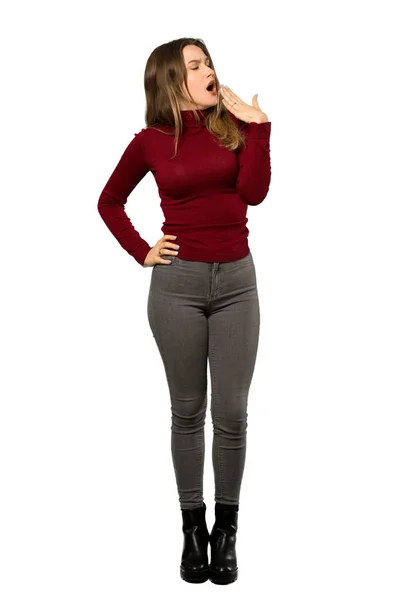 Uma Foto Completa Uma Adolescente Com Gola Alta Bocejando Cobrindo — Fotografia de Stock