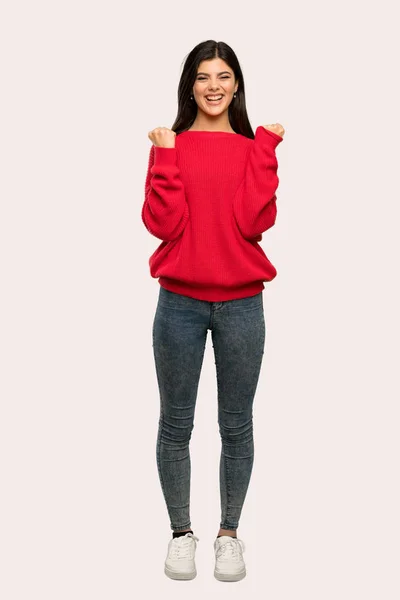 Full Length Shot Teenager Girl Red Sweater Pointing Index Finger — Stock Photo, Image