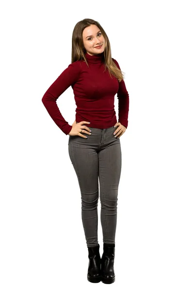 Full Length Shot Teenager Girl Turtleneck Posing Arms Hip Smiling — Stock Photo, Image