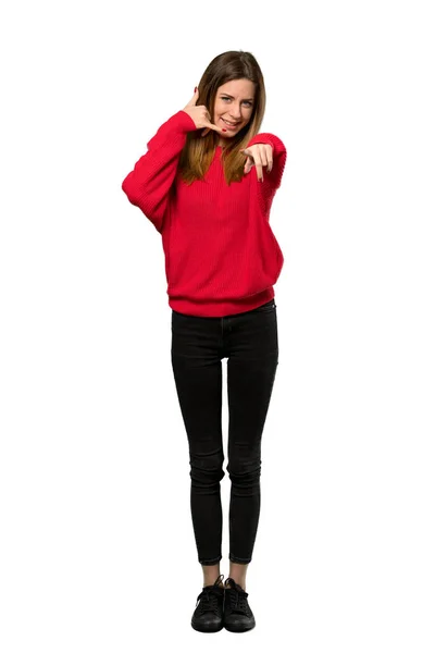 Full Length Shot Young Woman Red Sweater Making Phone Gesture — Stock Photo, Image