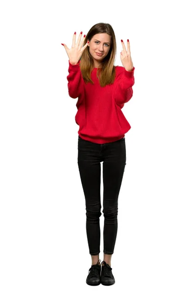 Full Length Shot Young Woman Red Sweater Counting Seven Fingers — Stock Photo, Image