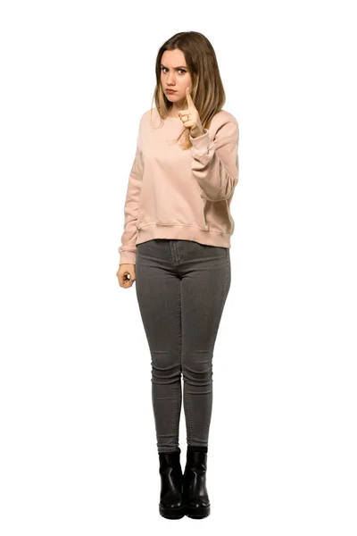 Full Length Shot Teenager Girl Pink Sweater Frustrated Pointing Front — Stock Photo, Image