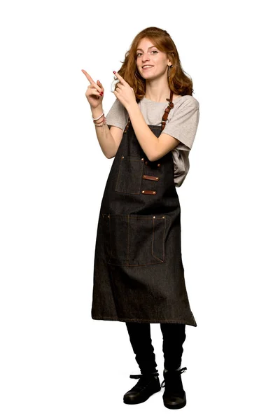 Full Length Shot Young Redhead Woman Apron Pointing Index Finger — Stock Photo, Image